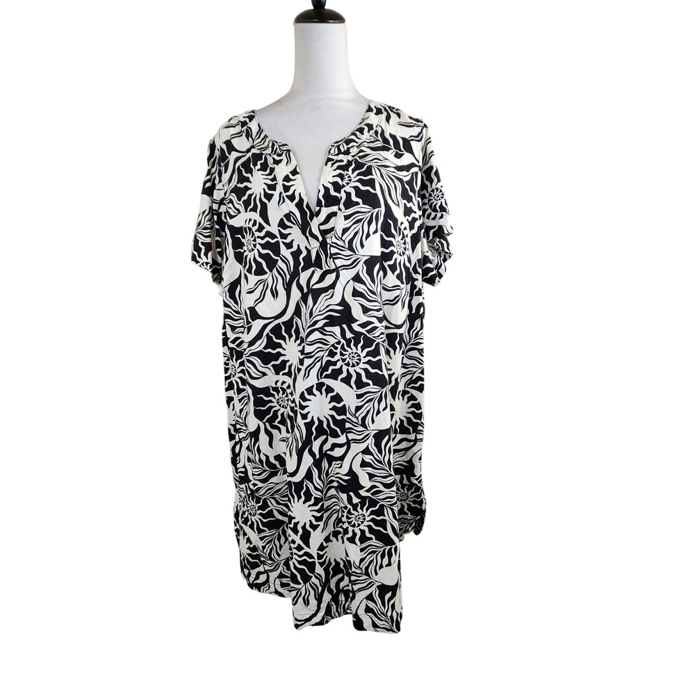 Nicole Miller New York Linen Blend Shift Dress Sz 2X Black White Tropical Print